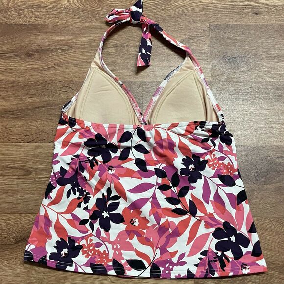 Lands End Size 6 Tankini Halter Swimsuit Top Pink White Leaves Floral Padded - Picture 2 of 5